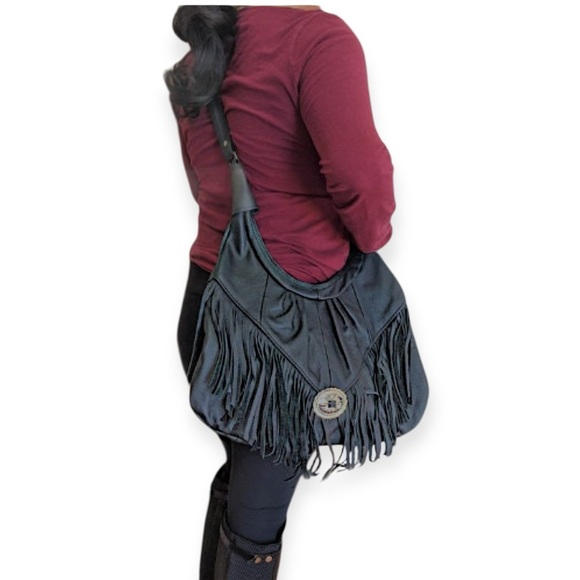Leather Western Fringe Crossbody Bag Black Hobo Concho Bag 15 x 14 NWOT - Picture 5 of 17